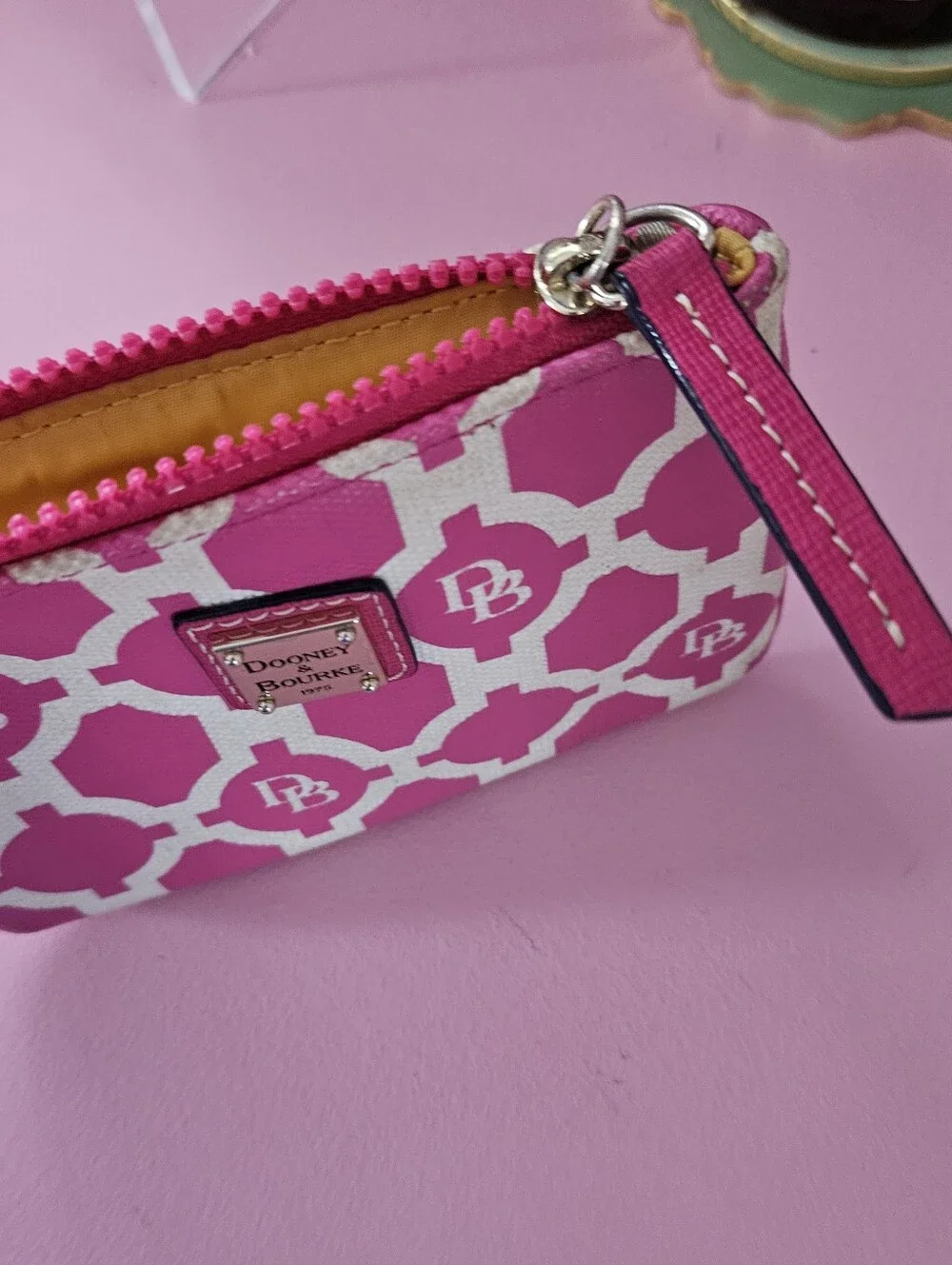 Dooney & Bourke Hot Pink and White Geometric Wristlet Pouch Coin Makeup Bag